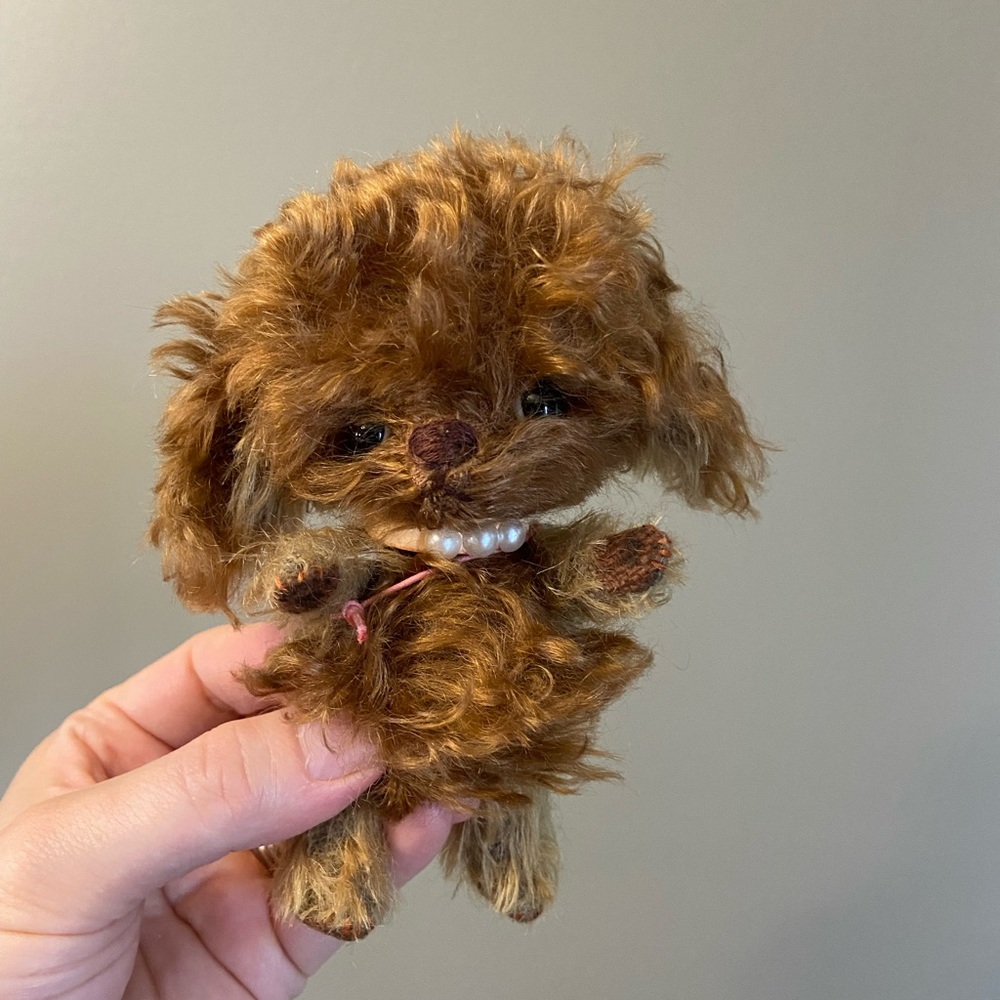 Handmade Mohair Limb Jointed Puppy, Brown, Fluffy Pup Hand Crafted Glass Eyes